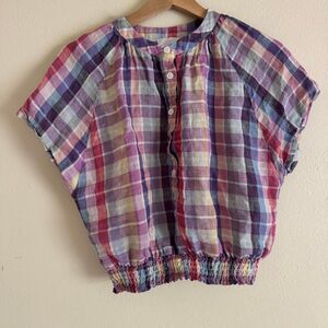 Sundays by We Are Sundays Dari Top Blouse Cropped Button Down Linen Plaid Medium